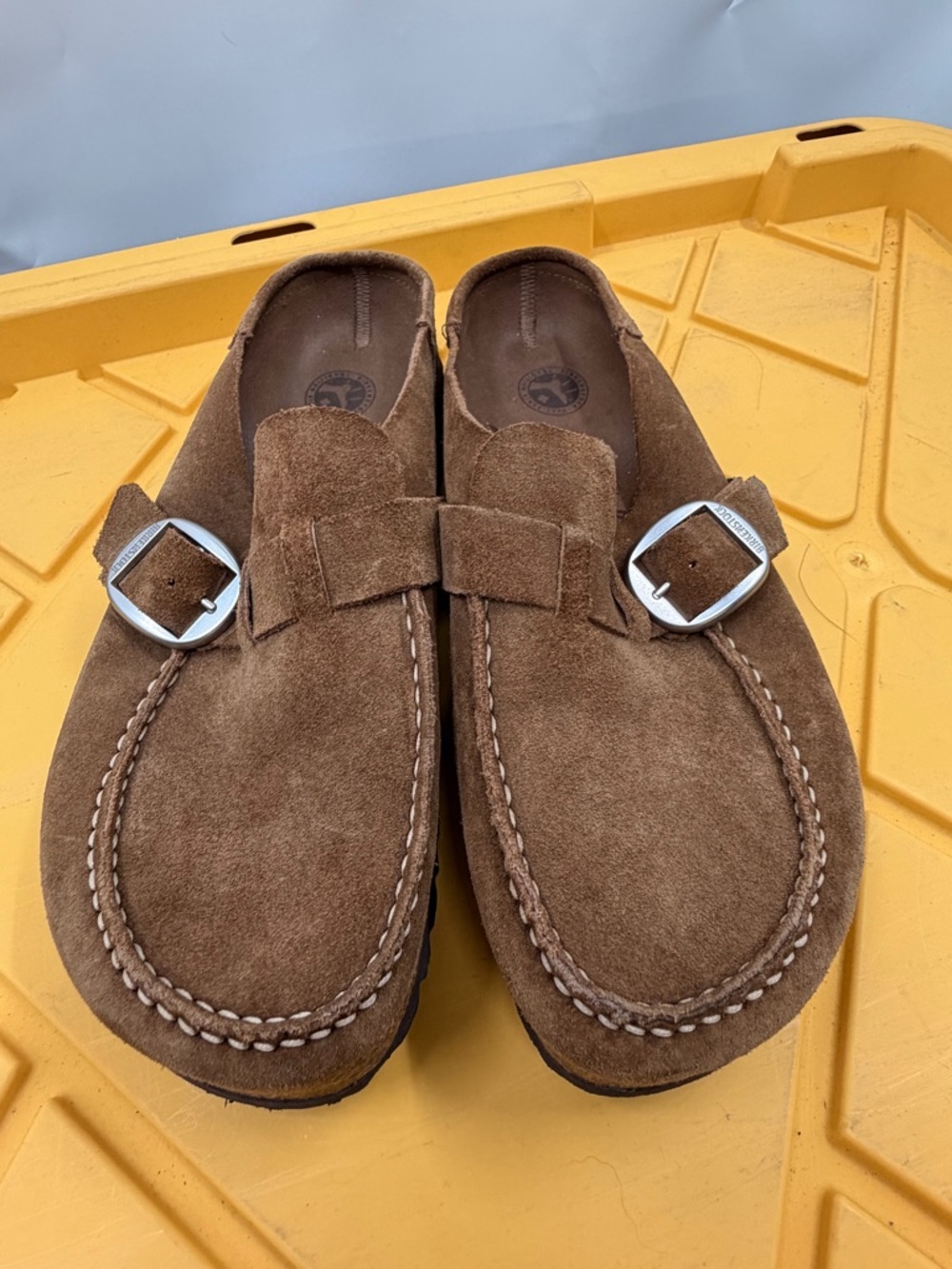 Birkenstock Brown Suede Slip-On Loafers with Silver Buckles